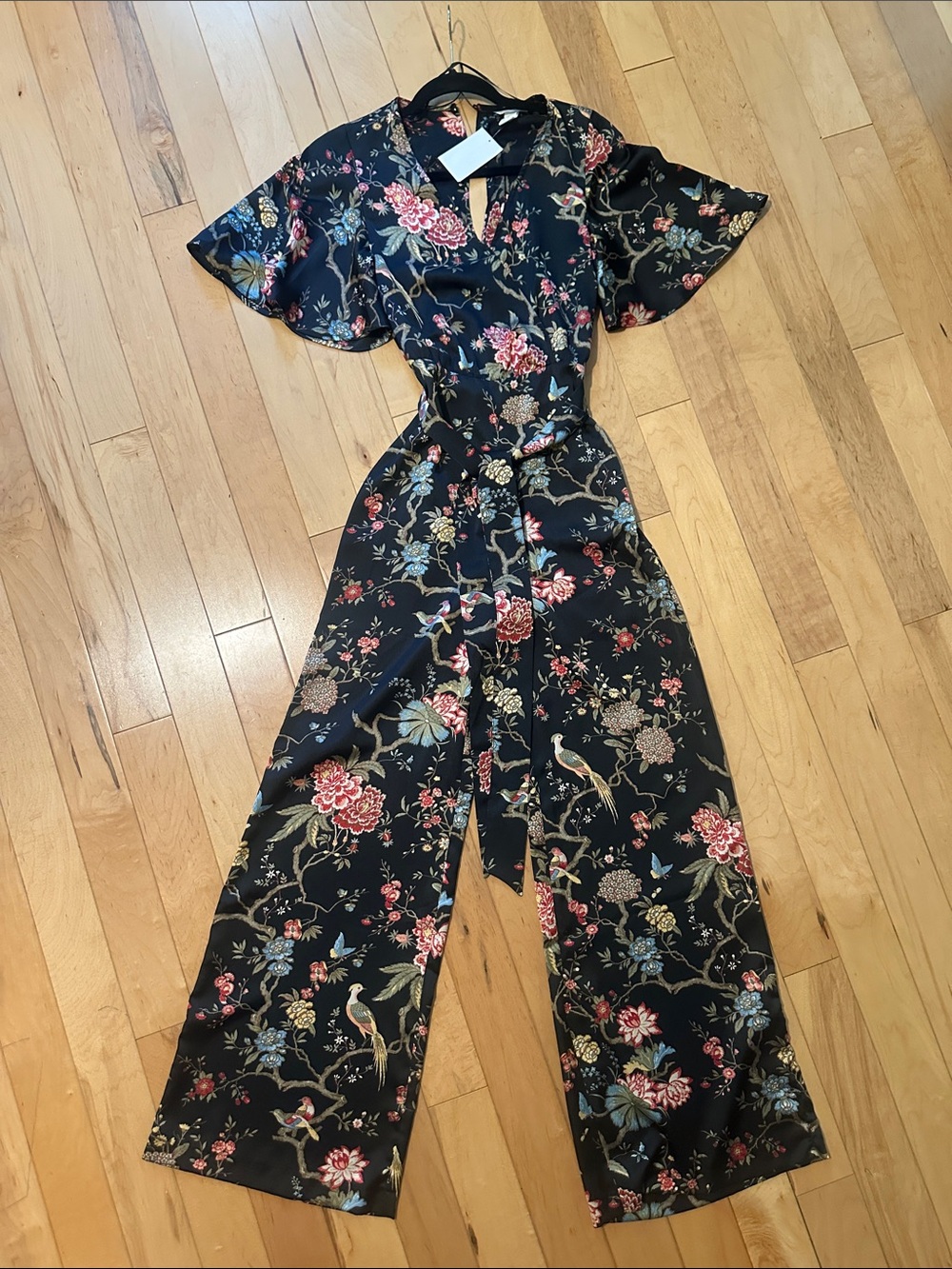 Floral Black Wrap Jumpsuit with Ruffle Sleeves
